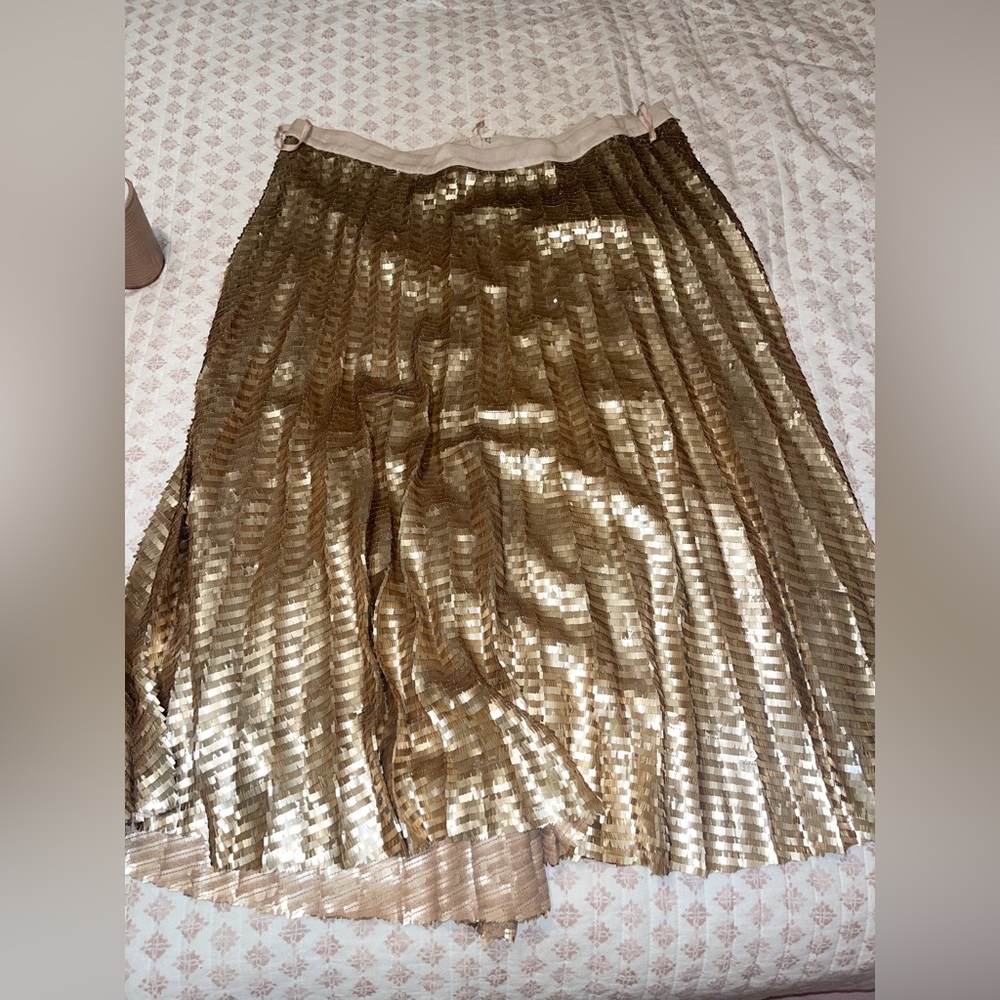ANTHROPOLOGIE MAEVE GOLD SEQUIN PLEATED MIDI SKIRT